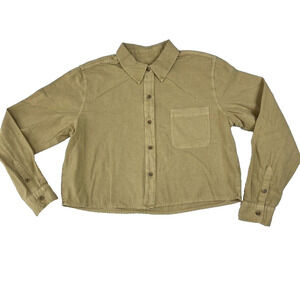 Universal Thread Shirt Women Tan Long Sleeve Collared Cropped Cotton Linen Blend